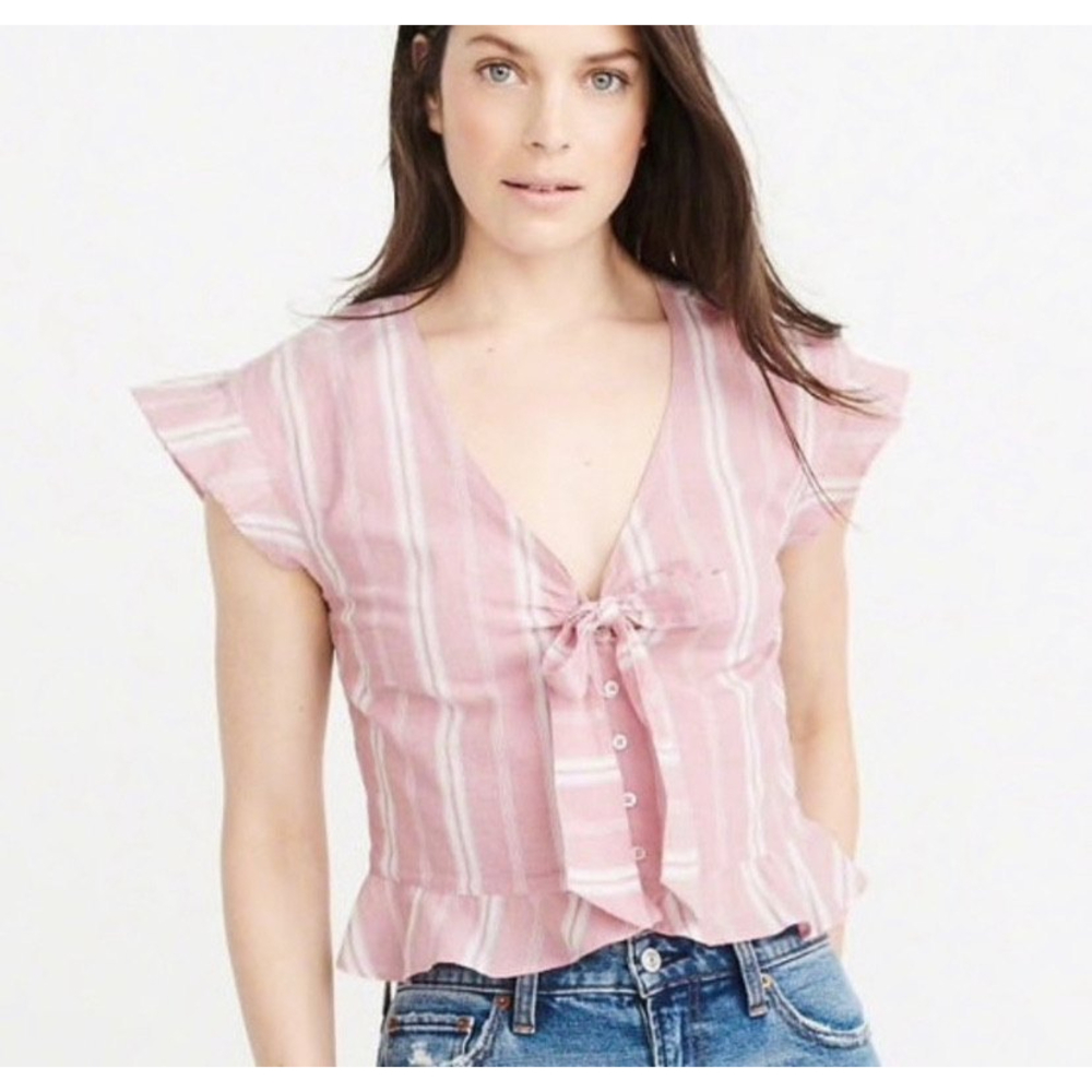 Pink and White Striped Button Up Tie Front Ruffle Abercrombie Top
